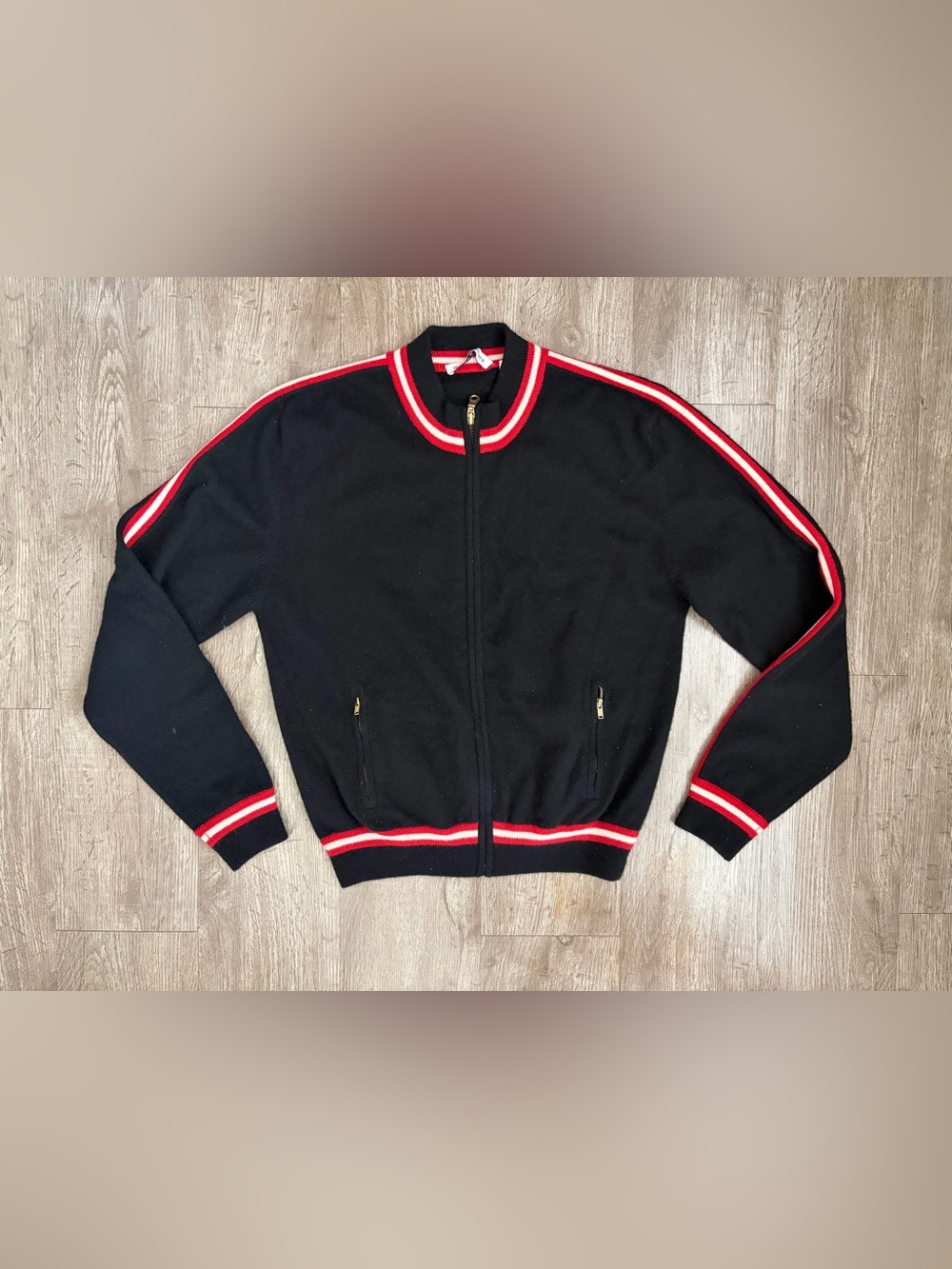 Autumn Cashmere 100% Cashmere Track Jacket Bomber Navy Red Stripe Size XL